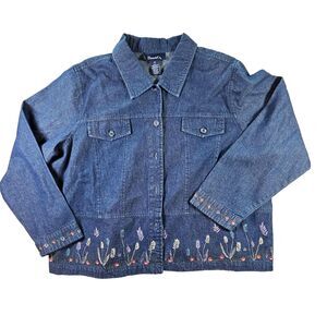 Denim & Co 2X Denim Jacket Floral Embroidered NWT Grannycore Cottagecore